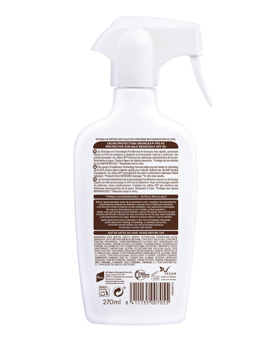 Ecran Sunnique Leche Protectora Solar Broncea+ SPF 50 en Spray Protección Alta UVB + UVA e IR-A Activa el Bronceado Natural, Sin Autobronceador, con Tecnología PureBronze, Resistente al Agua - 270 ml