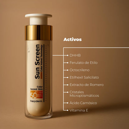 FrezyDerm Sun Screen Velvet Crema Orotectora Solar Facial SPF 50+ con color Textura Aterciopelada, Nude