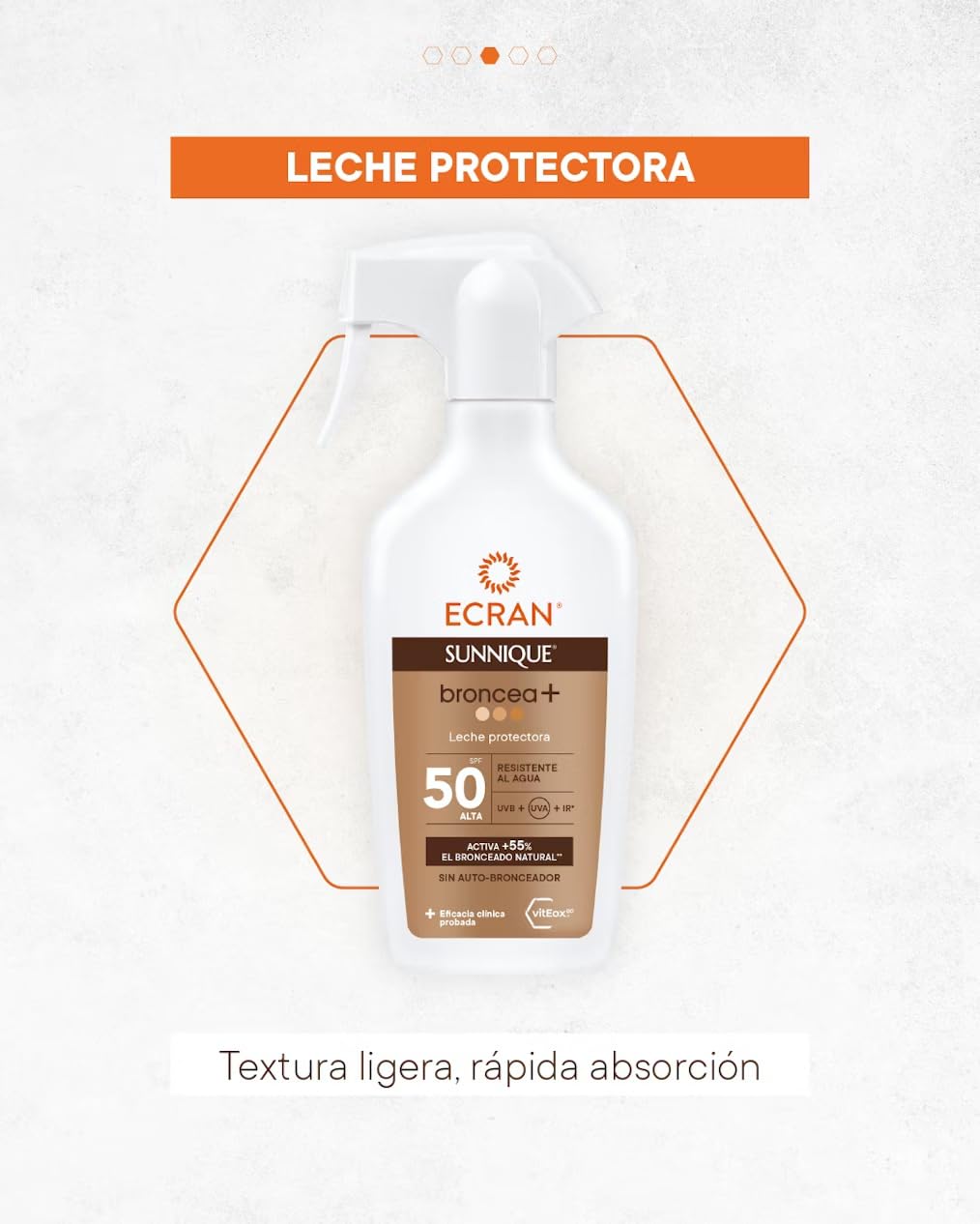 Ecran Sunnique Leche Protectora Solar Broncea+ SPF 50 en Spray Protección Alta UVB + UVA e IR-A Activa el Bronceado Natural, Sin Autobronceador, con Tecnología PureBronze, Resistente al Agua - 270 ml