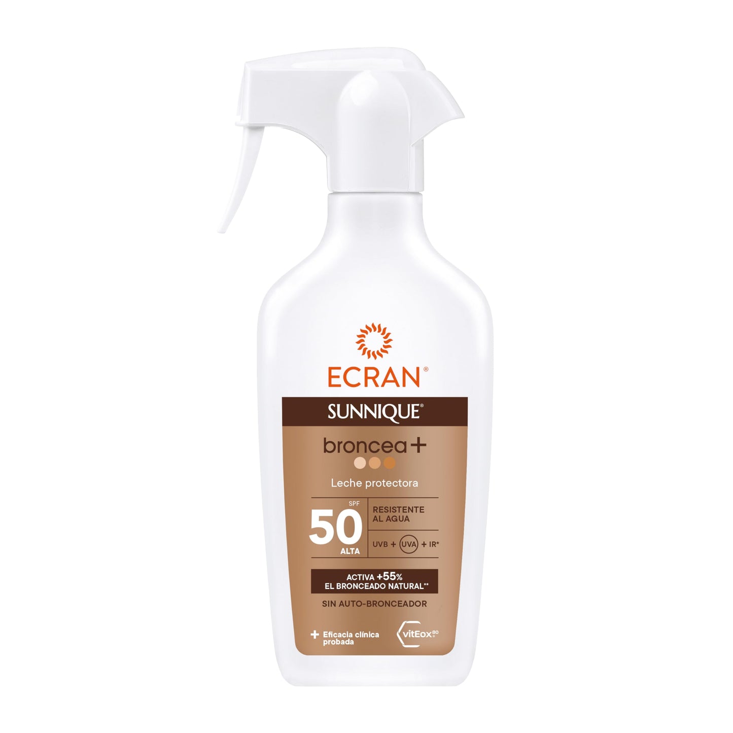 Ecran Sunnique Leche Protectora Solar Broncea+ SPF 50 en Spray Protección Alta UVB + UVA e IR-A Activa el Bronceado Natural, Sin Autobronceador, con Tecnología PureBronze, Resistente al Agua - 270 ml