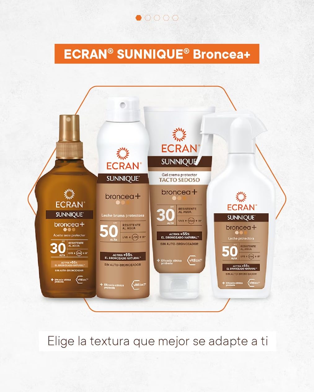 Ecran Sunnique Leche Protectora Solar Broncea+ SPF 50 en Spray Protección Alta UVB + UVA e IR-A Activa el Bronceado Natural, Sin Autobronceador, con Tecnología PureBronze, Resistente al Agua - 270 ml