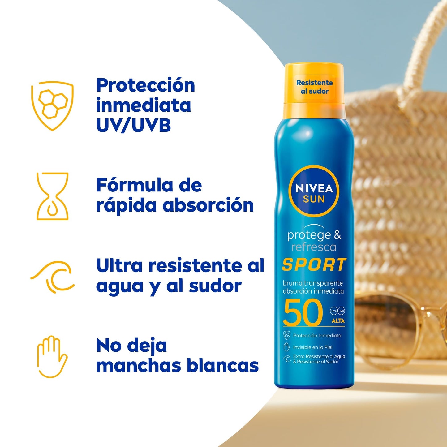 NIVEA SUN Protege & Refresca Spray Bruma Solar FP50 (1 x 200 ml), protector solar en spray transparente, bruma refrescante y resistente al agua (El empaque puede variar)
