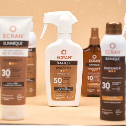Ecran Sunnique Leche Protectora Solar Broncea+ SPF 50 en Spray Protección Alta UVB + UVA e IR-A Activa el Bronceado Natural, Sin Autobronceador, con Tecnología PureBronze, Resistente al Agua - 270 ml