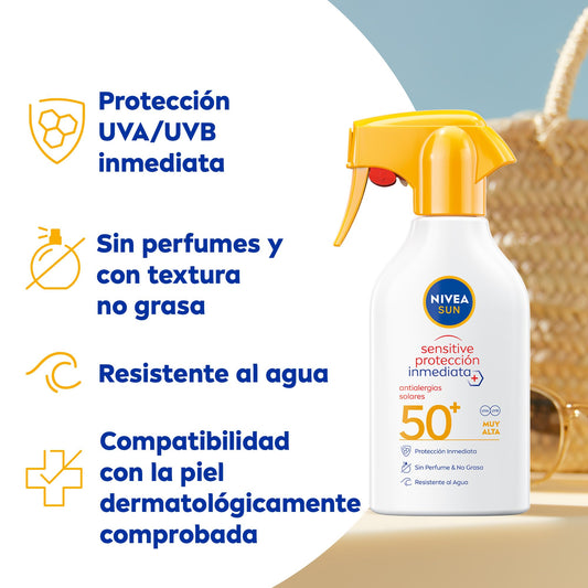 NIVEA SUN Sensitive Spray Antialergias FP50+ - Protector Solar Corporal para Alergias Solares e Irritaciones - Protección Inmediata UVA/UVB - Sin Perfume - Resistente al Agua - Piel Sensible - 250 ml