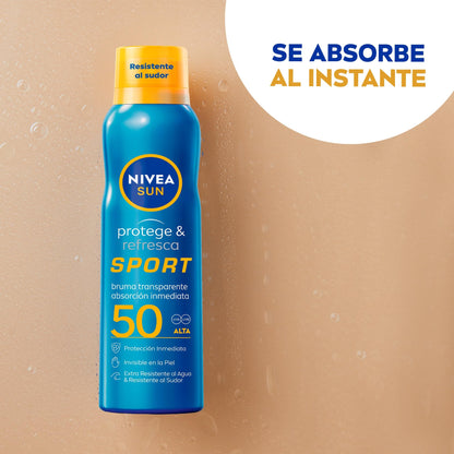 NIVEA SUN Protege & Refresca Spray Bruma Solar FP50 (1 x 200 ml), protector solar en spray transparente, bruma refrescante y resistente al agua (El empaque puede variar)