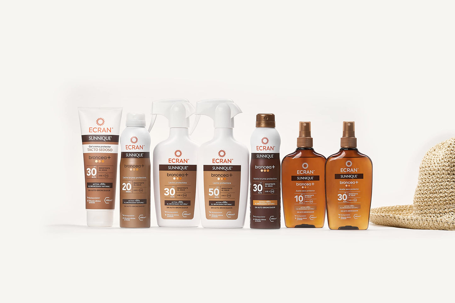 Ecran Sunnique Leche Protectora Solar Broncea+ SPF 50 en Spray Protección Alta UVB + UVA e IR-A Activa el Bronceado Natural, Sin Autobronceador, con Tecnología PureBronze, Resistente al Agua - 270 ml