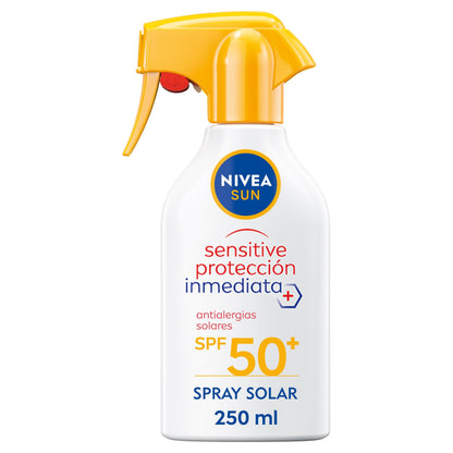 NIVEA SUN Sensitive Spray Antialergias FP50+ - Protector Solar Corporal para Alergias Solares e Irritaciones - Protección Inmediata UVA/UVB - Sin Perfume - Resistente al Agua - Piel Sensible - 250 ml