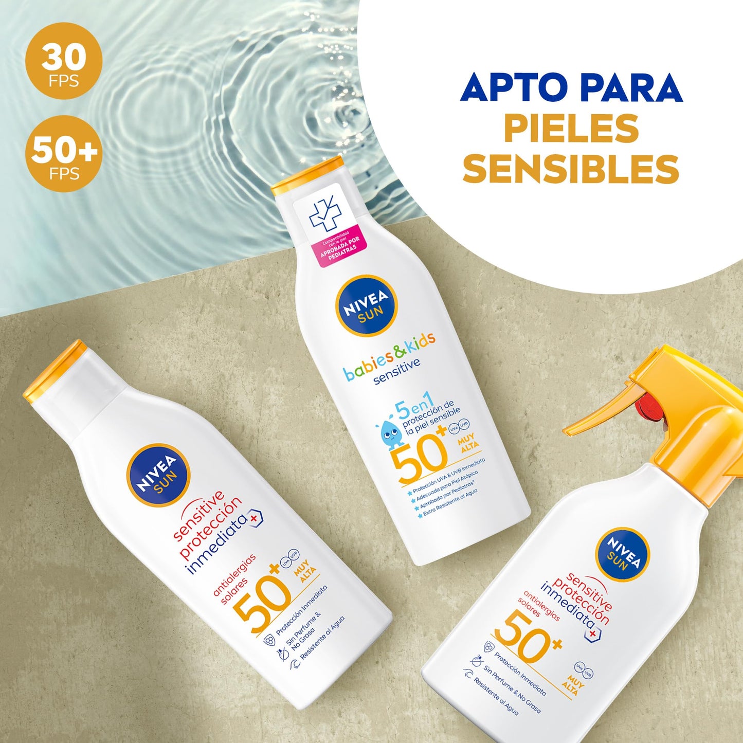 NIVEA SUN Sensitive Spray Antialergias FP50+ - Protector Solar Corporal para Alergias Solares e Irritaciones - Protección Inmediata UVA/UVB - Sin Perfume - Resistente al Agua - Piel Sensible - 250 ml