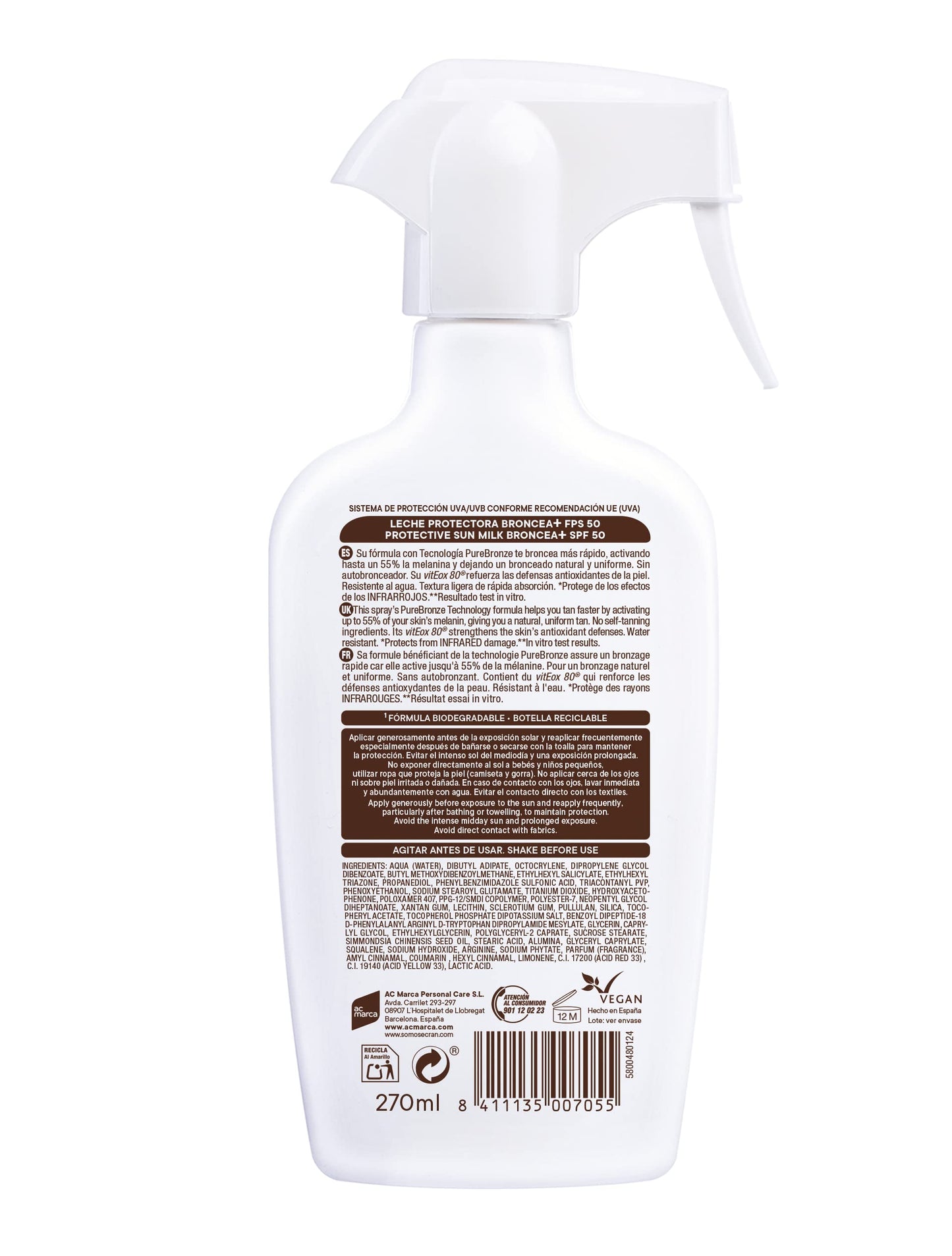 Ecran Sunnique Leche Protectora Solar Broncea+ SPF 50 en Spray Protección Alta UVB + UVA e IR-A Activa el Bronceado Natural, Sin Autobronceador, con Tecnología PureBronze, Resistente al Agua - 270 ml
